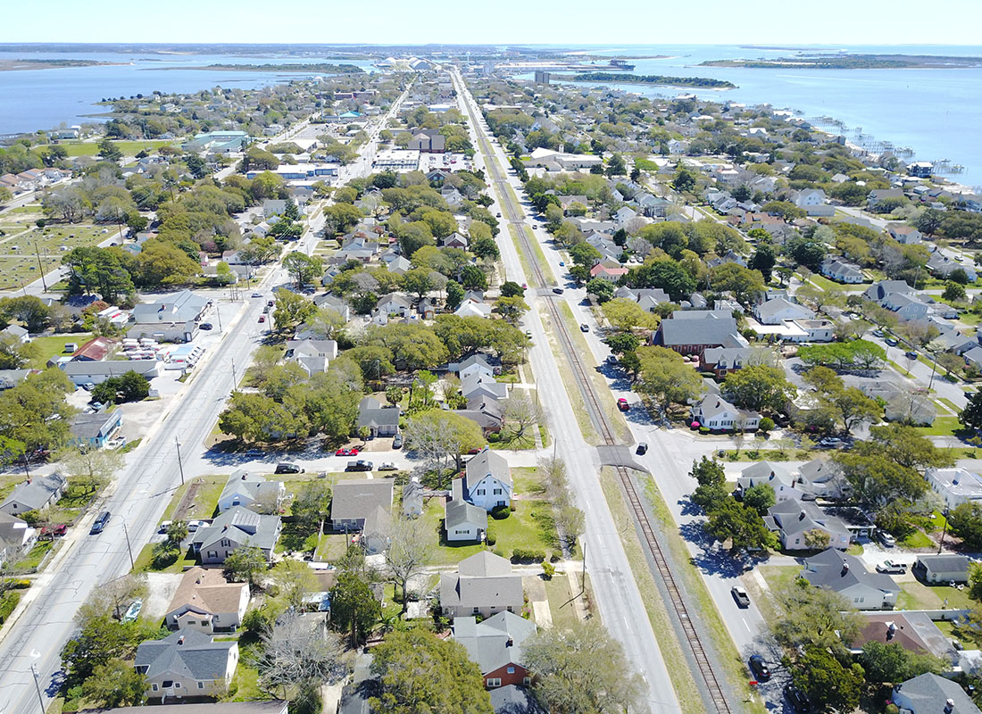 Morehead City, NC - Aerial View of Morehead City, NC With the Ocean in the Background on a Sunny Day